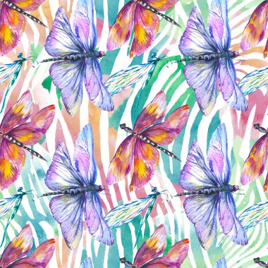 Egzotik yusufçuk vahşi böcek. Suluboya arka plan illüstrasyon seti. Kesintisiz arka plan deseni.