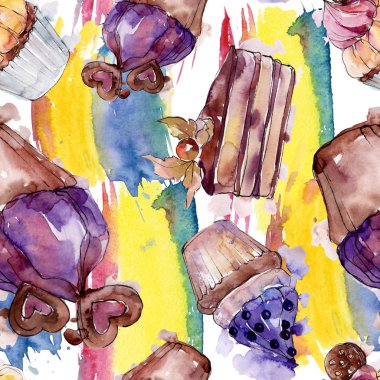 Suluboya tarzında lezzetli cupcake ve tatlı. Suluboya illüstrasyon seti. Kesintisiz arka plan deseni.