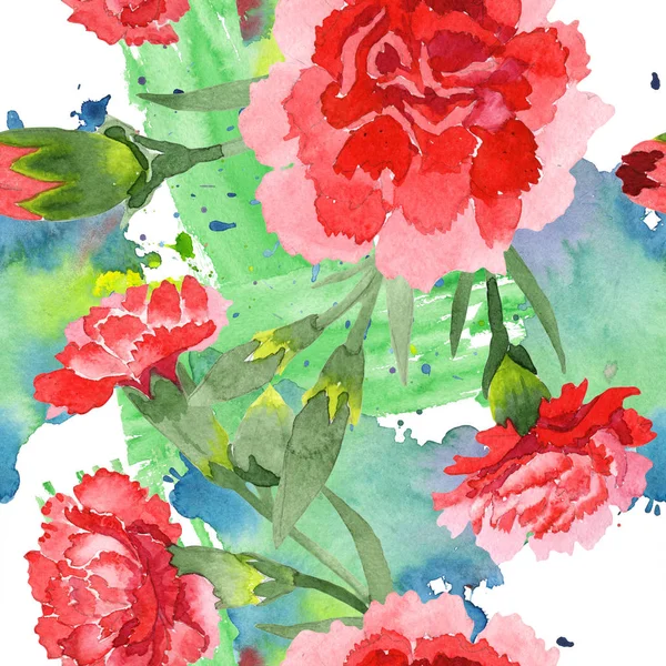 Czerwony Dianthus kwiatowy kwiatów botanicznych. Akwarela zestaw ilustracji tła. Płynny wzór tła. — Zdjęcie stockowe