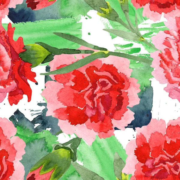 Dianthus rojo flores botánicas florales. Conjunto de ilustración de fondo acuarela. Patrón de fondo sin costuras . — Foto de Stock