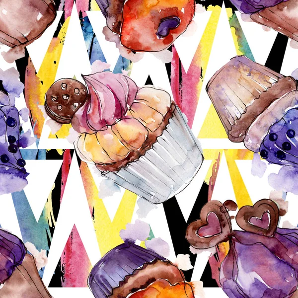 Tasty cupcake and dessert in a watercolor style. Watercolour illustration set. Seamless background pattern. — Stock Photo, Image