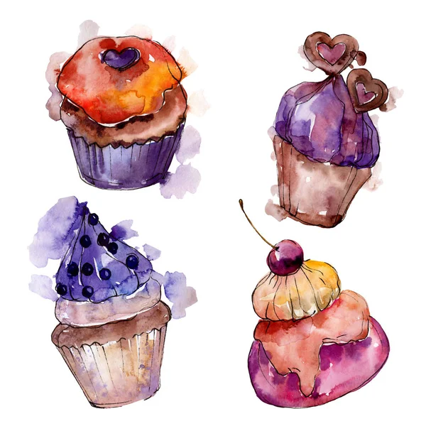 Smakelijke cupcake en dessert. Achtergrond illustratie instellen. Aquarel tekening Fashion Aquarelle geïsoleerd. — Stockfoto