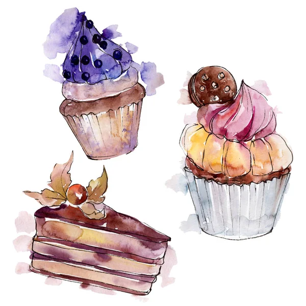 Smakelijke cupcake en dessert. Achtergrond illustratie instellen. Aquarel tekening Fashion Aquarelle geïsoleerd. — Stockfoto