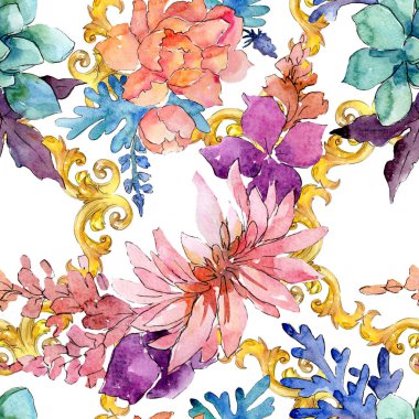 Çiçek botanik çiçek kompozisyon. Suluboya arka plan illüstrasyon seti. Kesintisiz arka plan deseni.