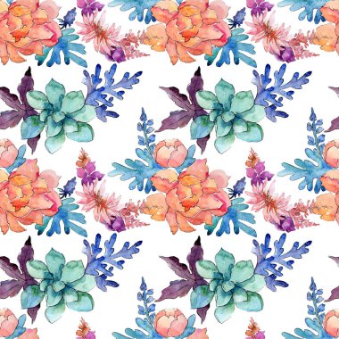 Çiçek botanik çiçek kompozisyon. Suluboya arka plan illüstrasyon seti. Kesintisiz arka plan deseni.