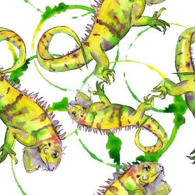 Egzotik iguana vahşi hayvan. Suluboya arka plan illüstrasyon seti. Kusursuz desen. Kumaş duvar kağıdı baskı doku.