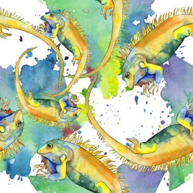 Egzotik iguana vahşi hayvan. Suluboya arka plan illüstrasyon seti. Kusursuz desen. Kumaş duvar kağıdı baskı doku.