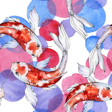 Su altı sualtı renkli tropikal japon balığı seti. Suluboya arka plan illüstrasyon seti. Kesintisiz arka plan deseni.