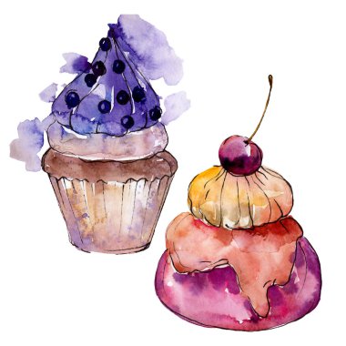 Lezzetli kek ve tatlı. Arka plan çizim seti. Suluboya çizim moda aquarelle izole.