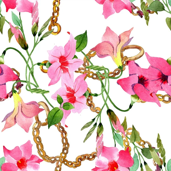 Pink mandevilla floral botanical flowers. Watercolor illustration background set. Seamless background pattern. — Stock Photo, Image