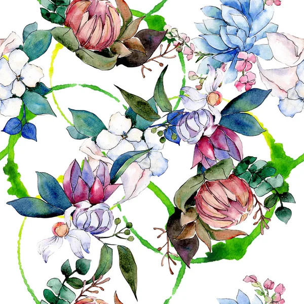 Buquê flores botânicas lorais. Conjunto de ilustração de fundo aquarela. Padrão de fundo sem costura . — Fotografia de Stock