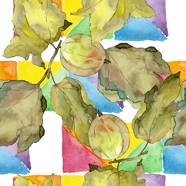 Krusbär hälsosam mat. Akvarell bakgrund illustration uppsättning. Sömlöst bakgrundsmönster. — Stockfoto