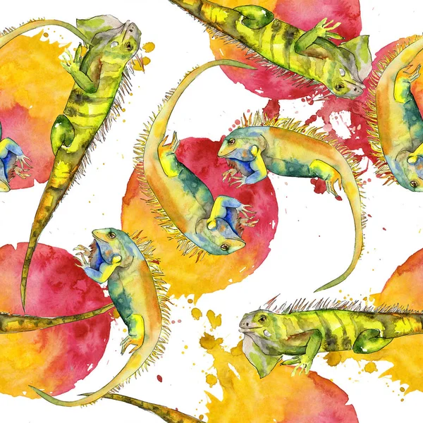 Iguana exótica animal salvaje. Conjunto de ilustración de fondo acuarela. Patrón sin costuras. Textura de impresión de papel pintado de tela . —  Fotos de Stock