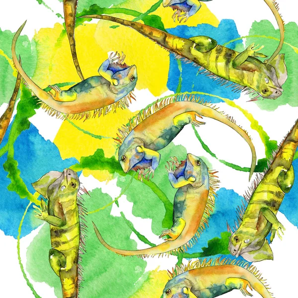 エキゾチックなイグアナ野生動物。●水彩背景イラストセット。シームレスなパターン。ファブリック壁紙プリントテクスチャ. — ストック写真