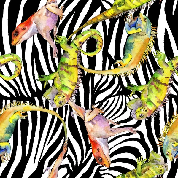 エキゾチックなイグアナ野生動物。●水彩背景イラストセット。シームレスなパターン。ファブリック壁紙プリントテクスチャ. — ストック写真