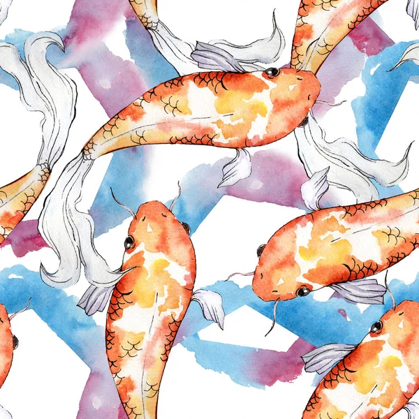 Aquatic underwater colorful tropical goldfish set. Watercolor background illustration set. Seamless background pattern. — Stock Photo, Image