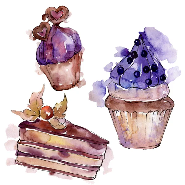Välsmakande cupcake och efterrätt. Bakgrundsbild uppsättning. Akvarell ritning Fashion Aquarelle isolerad. — Stockfoto