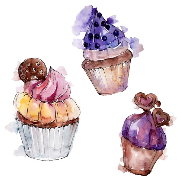 Välsmakande cupcake och efterrätt. Bakgrundsbild uppsättning. Akvarell ritning Fashion Aquarelle isolerad. — Stockfoto