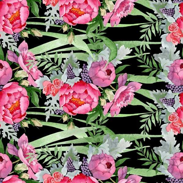 Bouquet di peonia fiori botanici floreali. Acquerello sfondo illustrazione set. Modello di sfondo senza soluzione di continuità . — Foto Stock