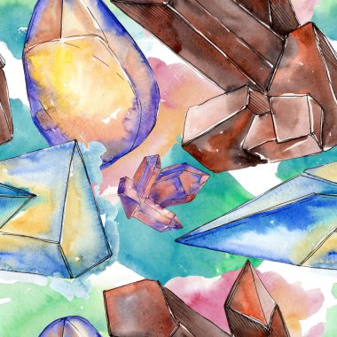 Renkli elmas taş takı mineraller. Suluboya kristal taş arka plan ayarlayın. Sorunsuz arka plan deseni.