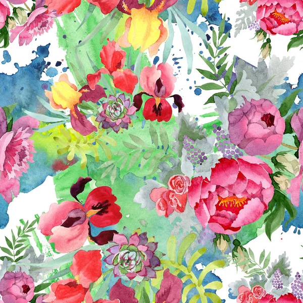 牡丹花束花植物花。水彩背景插图集。无缝背景模式. — 图库照片