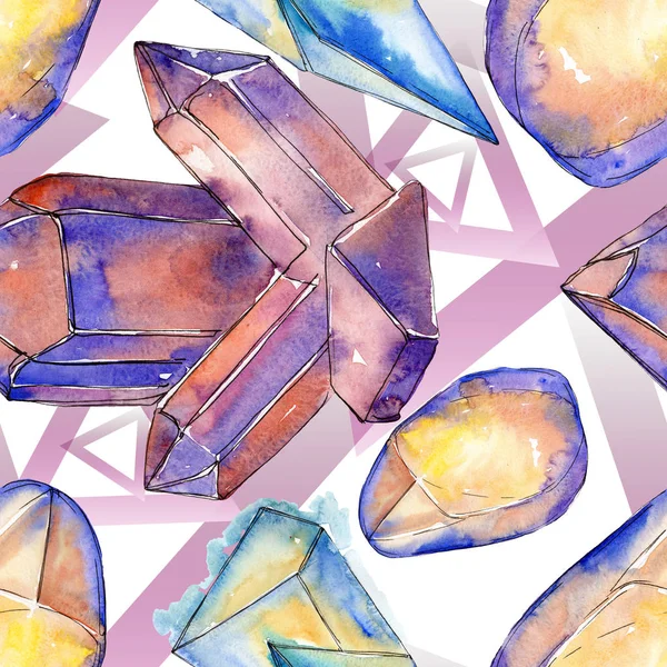 五颜六色的钻石岩珠宝矿物。水彩水晶石头背景设置。无缝的背景模式. — 图库照片