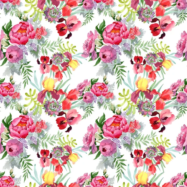 Peony bouquet floral botanical flowers. Watercolor background illustration set. Seamless background pattern.