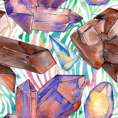 Renkli elmas taş takı mineraller. Suluboya kristal taş arka plan ayarlayın. Sorunsuz arka plan deseni.