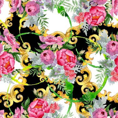 Şakayık buketi çiçek botanik çiçekleri. Suluboya arka plan illüstrasyon seti. Kesintisiz arka plan deseni.