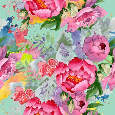 Şakayık buketi çiçek botanik çiçekleri. Suluboya arka plan illüstrasyon seti. Kesintisiz arka plan deseni.