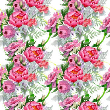 Şakayık buketi çiçek botanik çiçekleri. Suluboya arka plan illüstrasyon seti. Kesintisiz arka plan deseni.