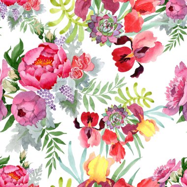 Şakayık buketi çiçek botanik çiçekleri. Suluboya arka plan illüstrasyon seti. Kesintisiz arka plan deseni.