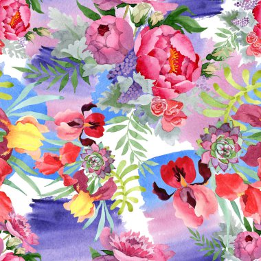 Şakayık buketi çiçek botanik çiçekleri. Suluboya arka plan illüstrasyon seti. Kesintisiz arka plan deseni.