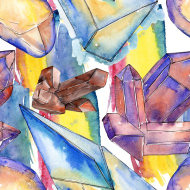 Renkli elmas taş takı mineraller. Suluboya kristal taş arka plan ayarlayın. Sorunsuz arka plan deseni.