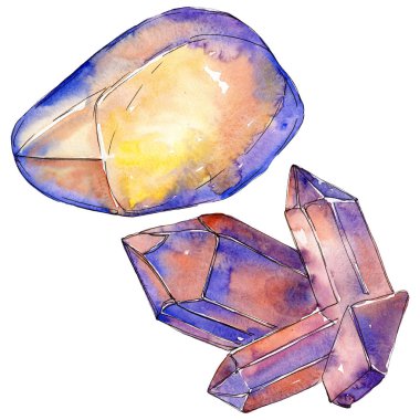 Renkli elmas taş takı mineraller. Suluboya arka plan ayarlamak. İzole kristal illüstrasyon öğesi.