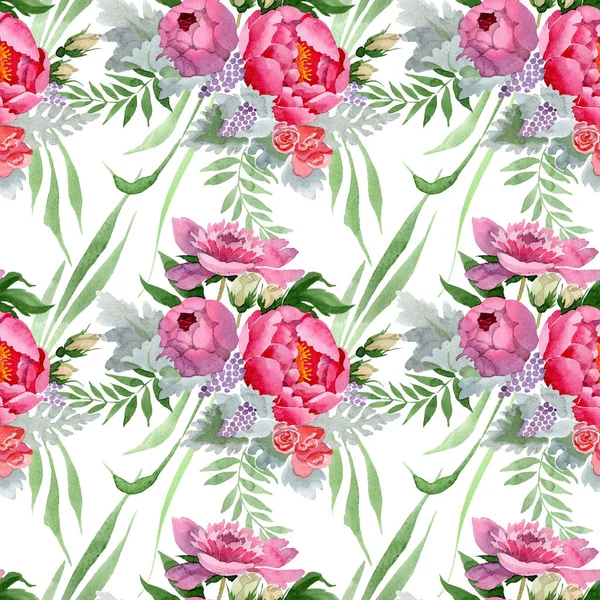 Bouquet di peonia fiori botanici floreali. Acquerello sfondo illustrazione set. Modello di sfondo senza soluzione di continuità . — Foto Stock