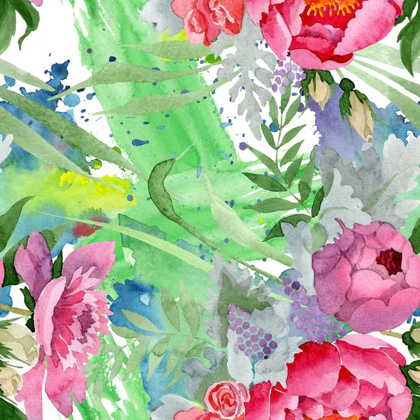 Peony buquê flores botânicas florais. Conjunto de ilustração de fundo aquarela. Padrão de fundo sem costura . — Fotografia de Stock
