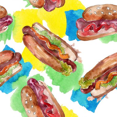 Sosisli fast food izole. Suluboya arka plan illüstrasyon seti. Kesintisiz arka plan deseni.