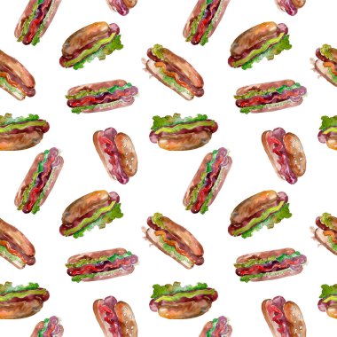 Sosisli fast food izole. Suluboya arka plan illüstrasyon seti. Kesintisiz arka plan deseni.