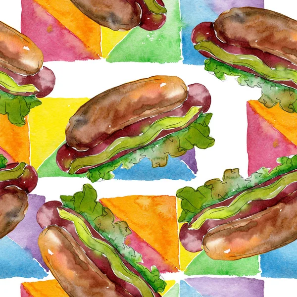Hotdog Fast Food geïsoleerd. Aquarel achtergrond illustratie instellen. Naadloos achtergrond patroon. — Stockfoto