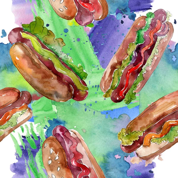 Hotdog Fast Food geïsoleerd. Aquarel achtergrond illustratie instellen. Naadloos achtergrond patroon. — Stockfoto