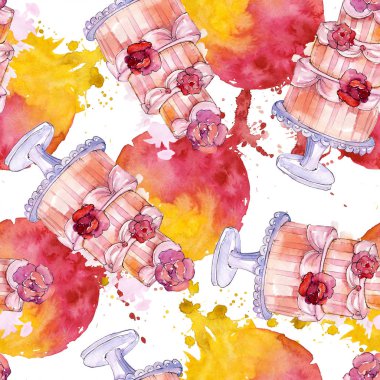 Çiçeklerle süslenmiş lezzetli pasta. Suluboya arka plan illüstrasyon seti. Kesintisiz arka plan deseni.