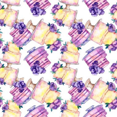 Çiçeklerle süslenmiş lezzetli pasta. Suluboya arka plan illüstrasyon seti. Kesintisiz arka plan deseni.