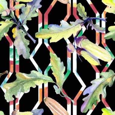 Orman meşe palamudu yeşil yaprak ve fındık. Suluboya arka plan illüstrasyon seti. Kesintisiz arka plan deseni.