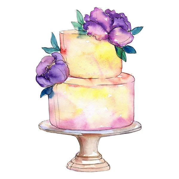 用鲜花装饰的美味蛋糕。水彩背景插图集。独立蛋糕插图元素. — 图库照片