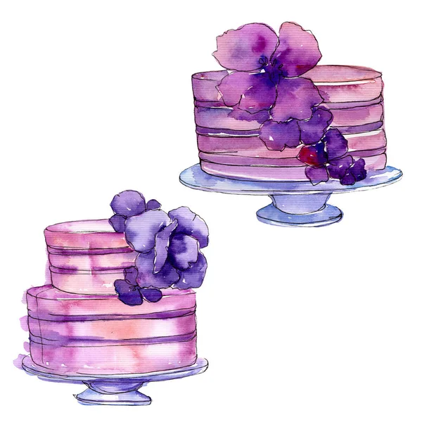 Tasty cake decorated with flowers. Watercolor background illustration set. Isolated cake illustration element.