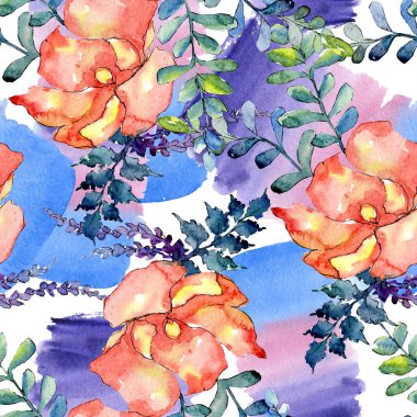 Buket çiçek botanik çiçekler. Suluboya arka plan illüstrasyon küme. Sorunsuz arka plan deseni.