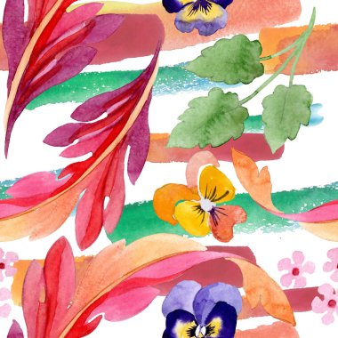 Pansies çiçek botanik çiçekleri ile Süs. Suluboya arka plan illüstrasyon seti. Kesintisiz arka plan deseni.