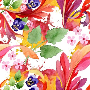 Pansies çiçek botanik çiçekleri ile Süs. Suluboya arka plan illüstrasyon seti. Kesintisiz arka plan deseni.