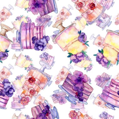 Çiçeklerle süslenmiş lezzetli pasta. Suluboya arka plan illüstrasyon seti. Kesintisiz arka plan deseni.